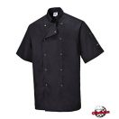 Szakácskabát - fekete, rövid ujjú, kétsoros patentos