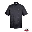 Szakácskabát - fekete, rövid ujjú, kétsoros patentos