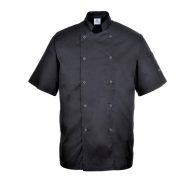 Szakácskabát - fekete, rövid ujjú, kétsoros patentos