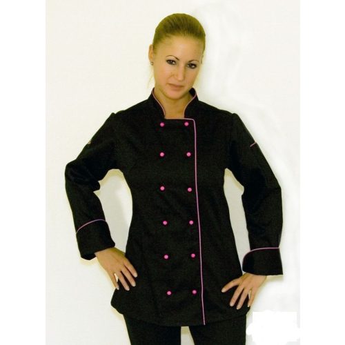 Dámsky kuchársky kabát čierny s dlhým, ružovým lemom